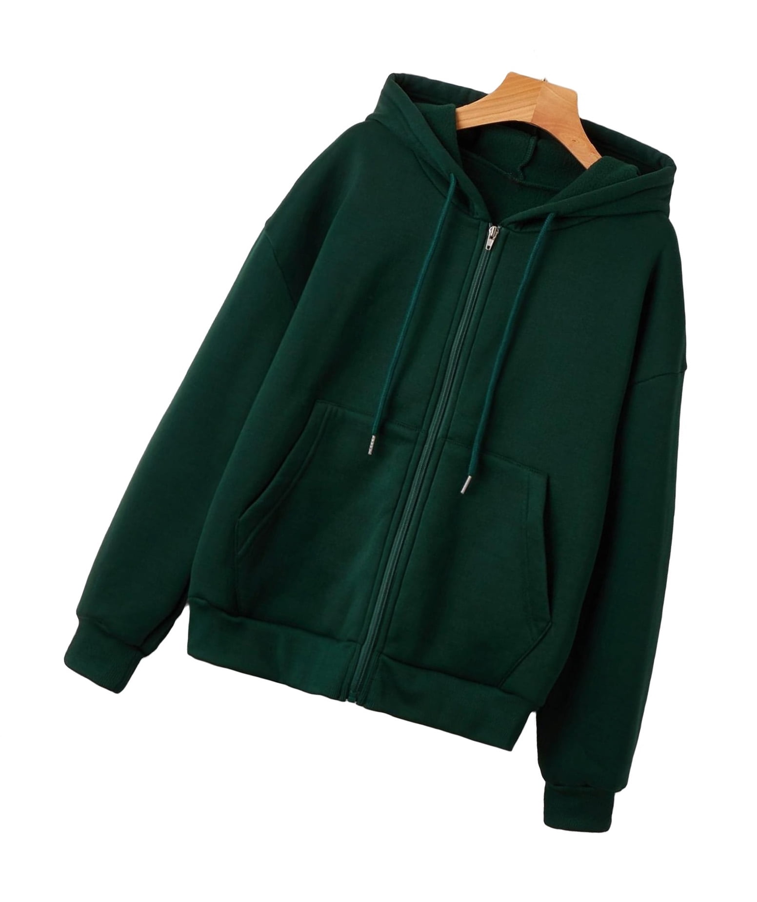 Casual Plain Hooded Zip Up Long Sleeve Dark Green Women Sweatshirts  (Women's)