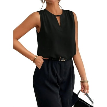 Casual Plain Keyhole Neckline Top Sleeveless Black Women Blouses (Women's)