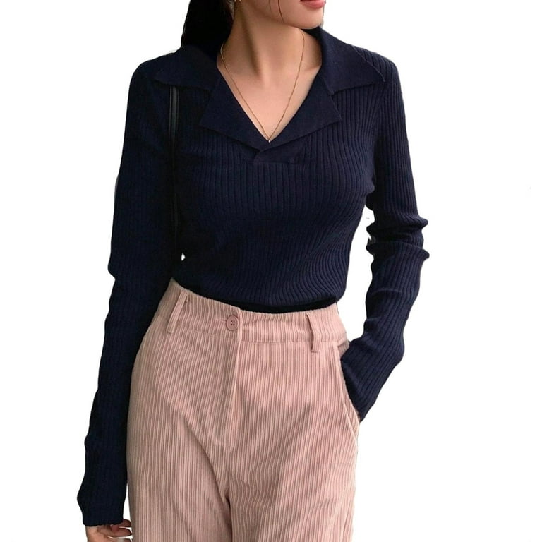 Lapel Navy-blue Long Sleeves Sweater Tops Lapel Navy-blue Long Sleeves Sweater Tops