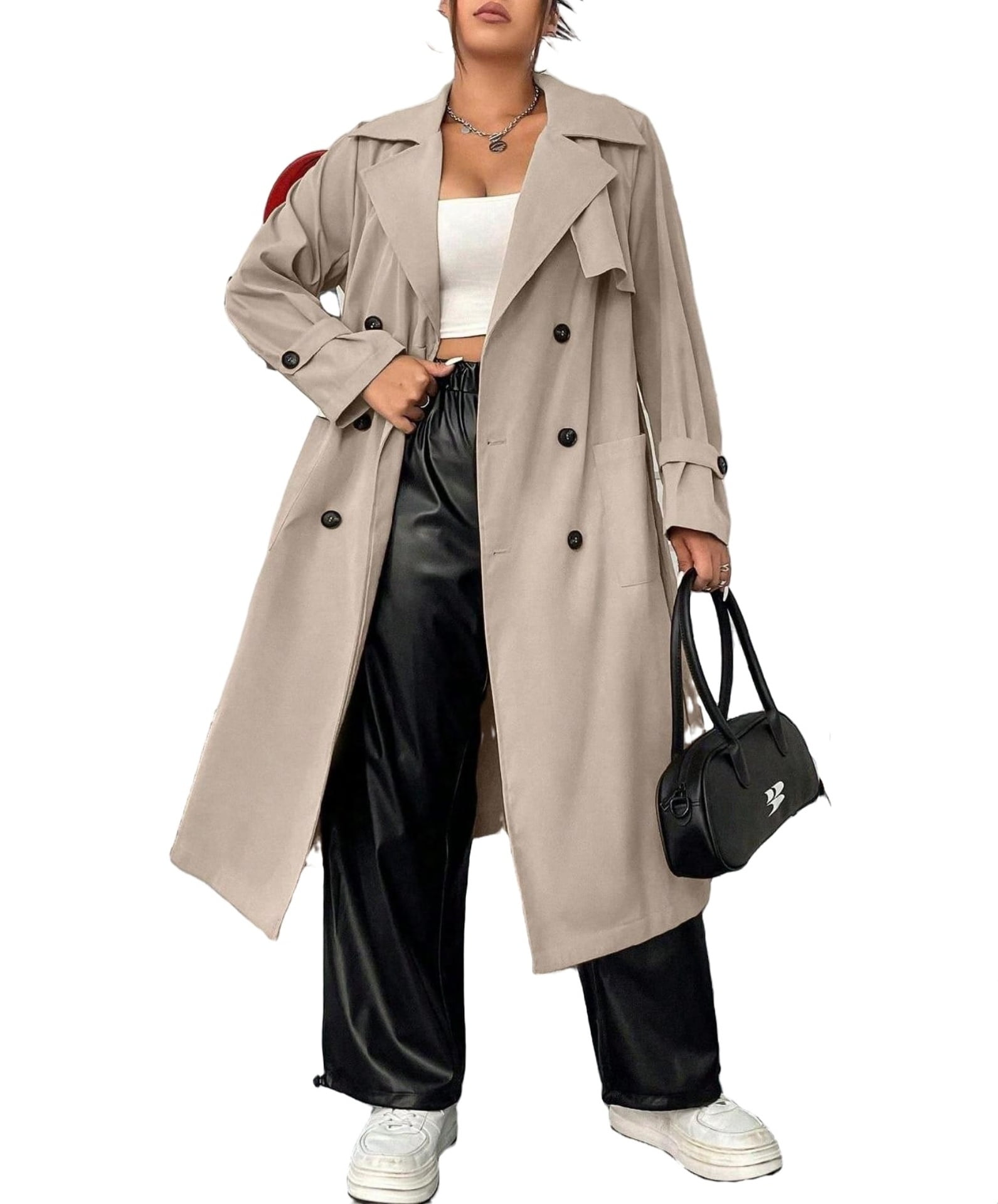 Casual Plain Lapel Neck Long Sleeve Apricot Plus Size Trench Coats (Women's)