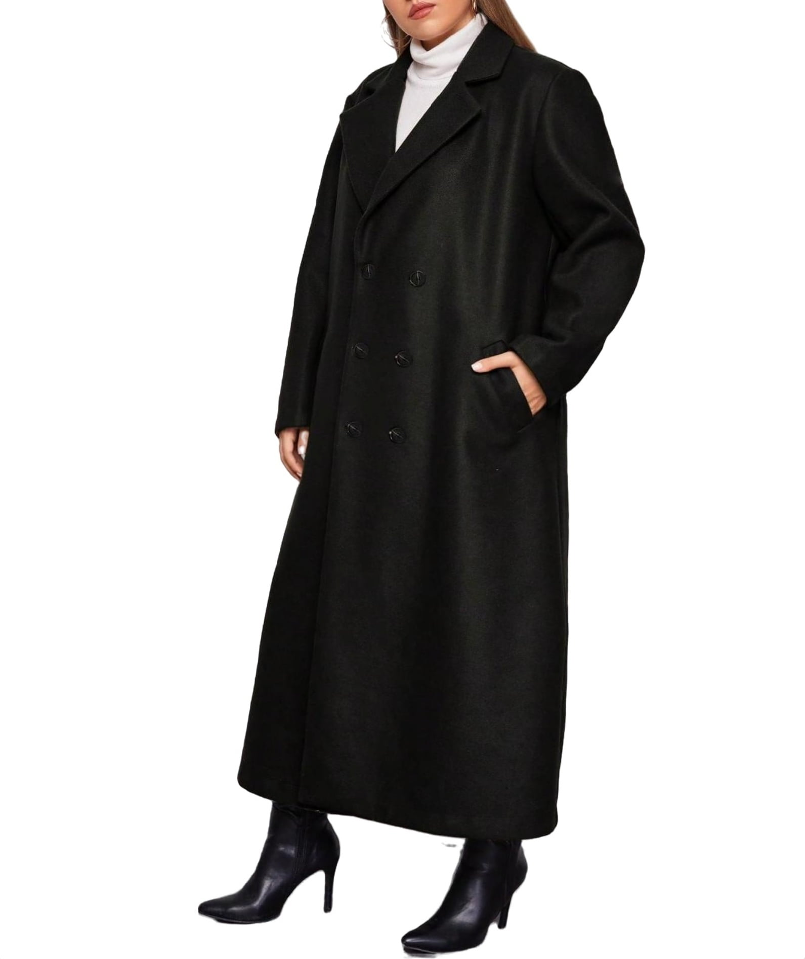 Casual Plain Lapel Neck Long Sleeve Black Plus Size Overcoats (Women's ...