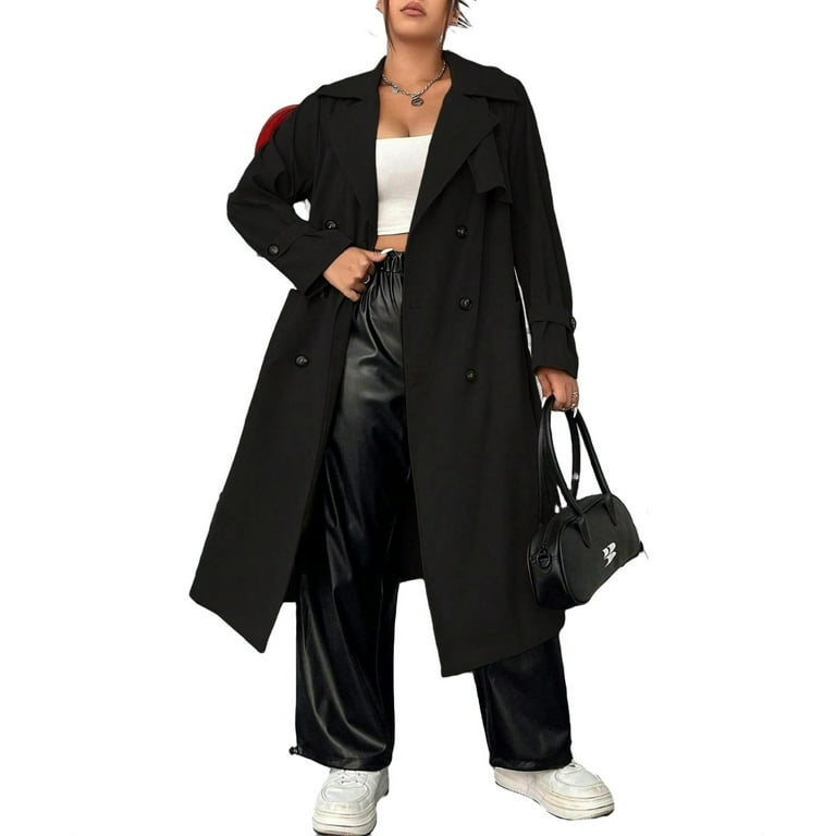 Plus size long black trench coat hotsell