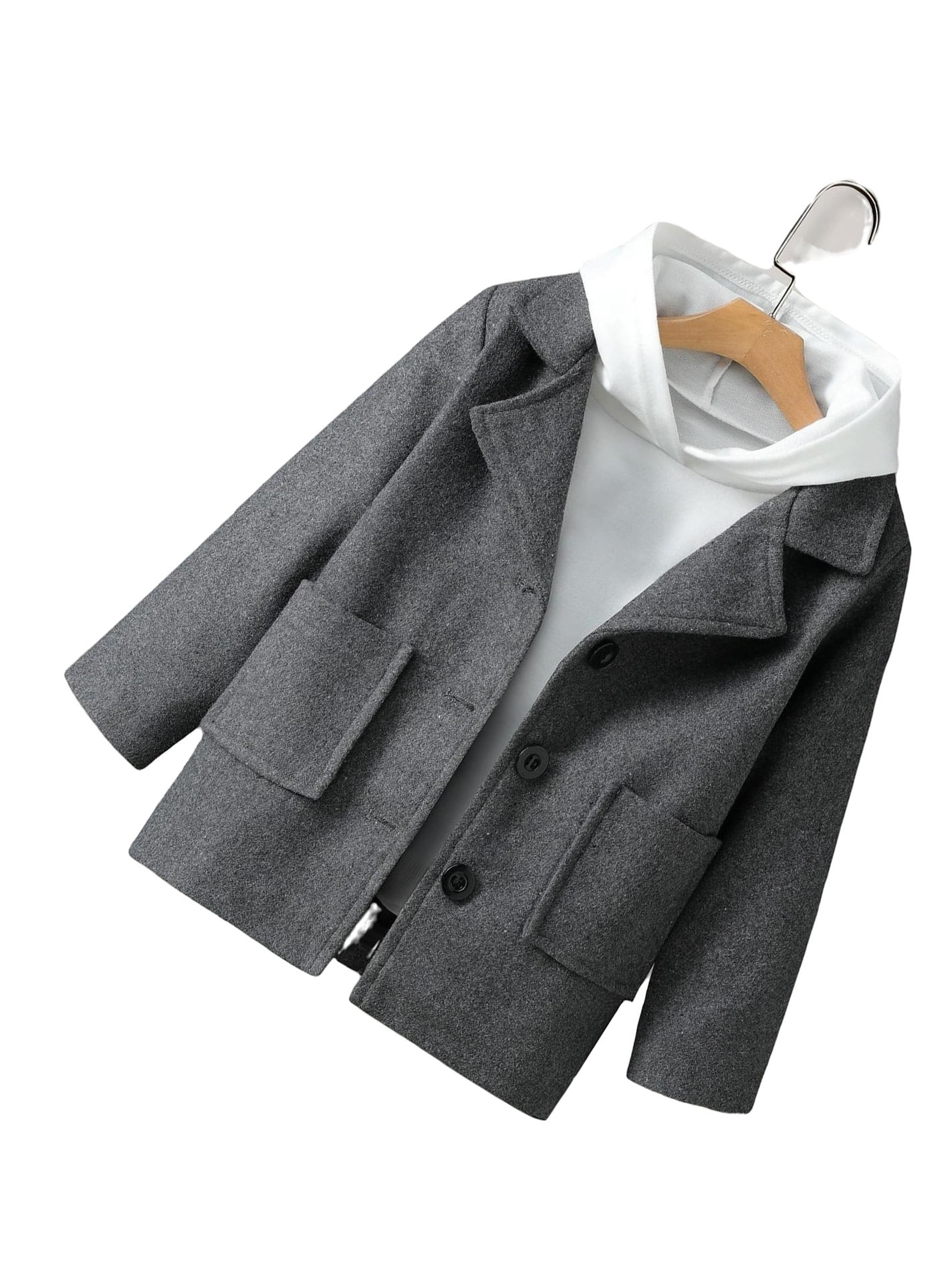 Casual Plain Lapel Regular Long Sleeve Dark Grey Toddler Boy Overcoats