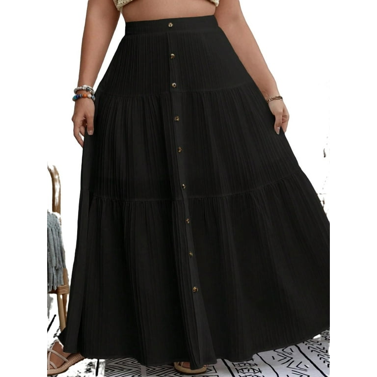 Casual Plain Layered Tiered Black Plus Size Skirts