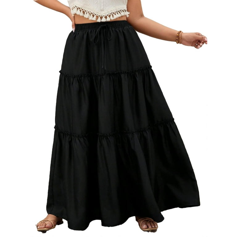 Casual Plain Layered Tiered Black Plus Size Skirts