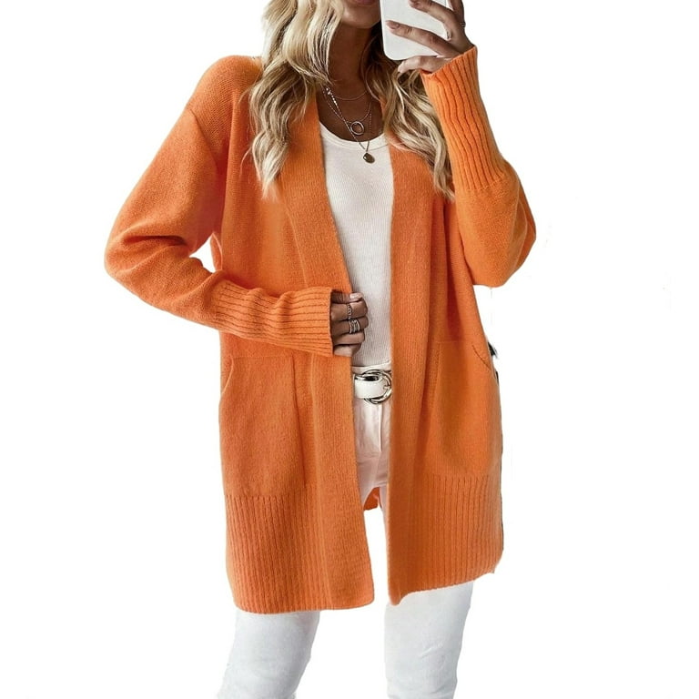 Casual Plain Long Sleeve Orange Women Cardigans (Women's)