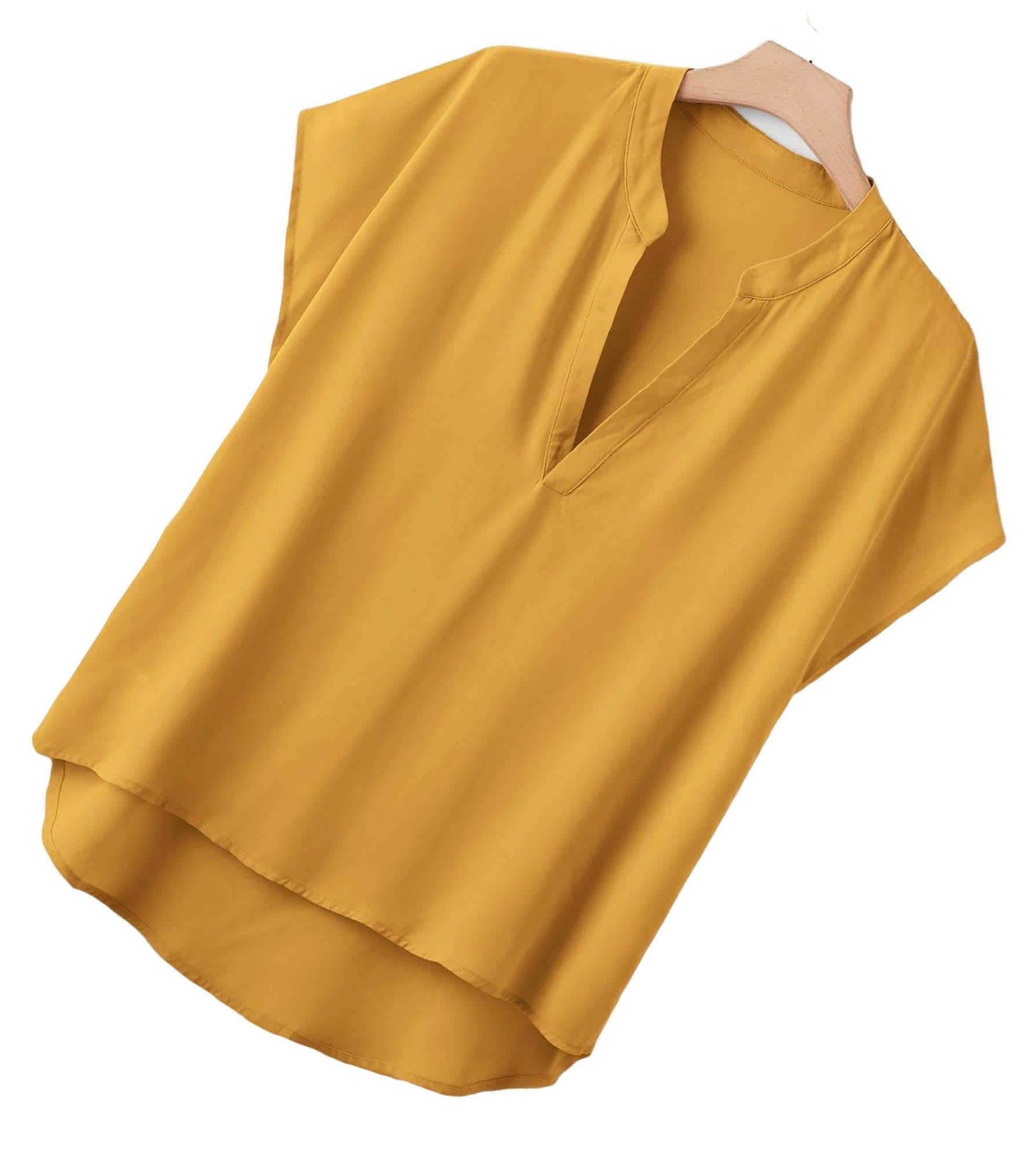 Casual Plain Notched Neck Top Short Sleeve Mustard Yellow Plus Size