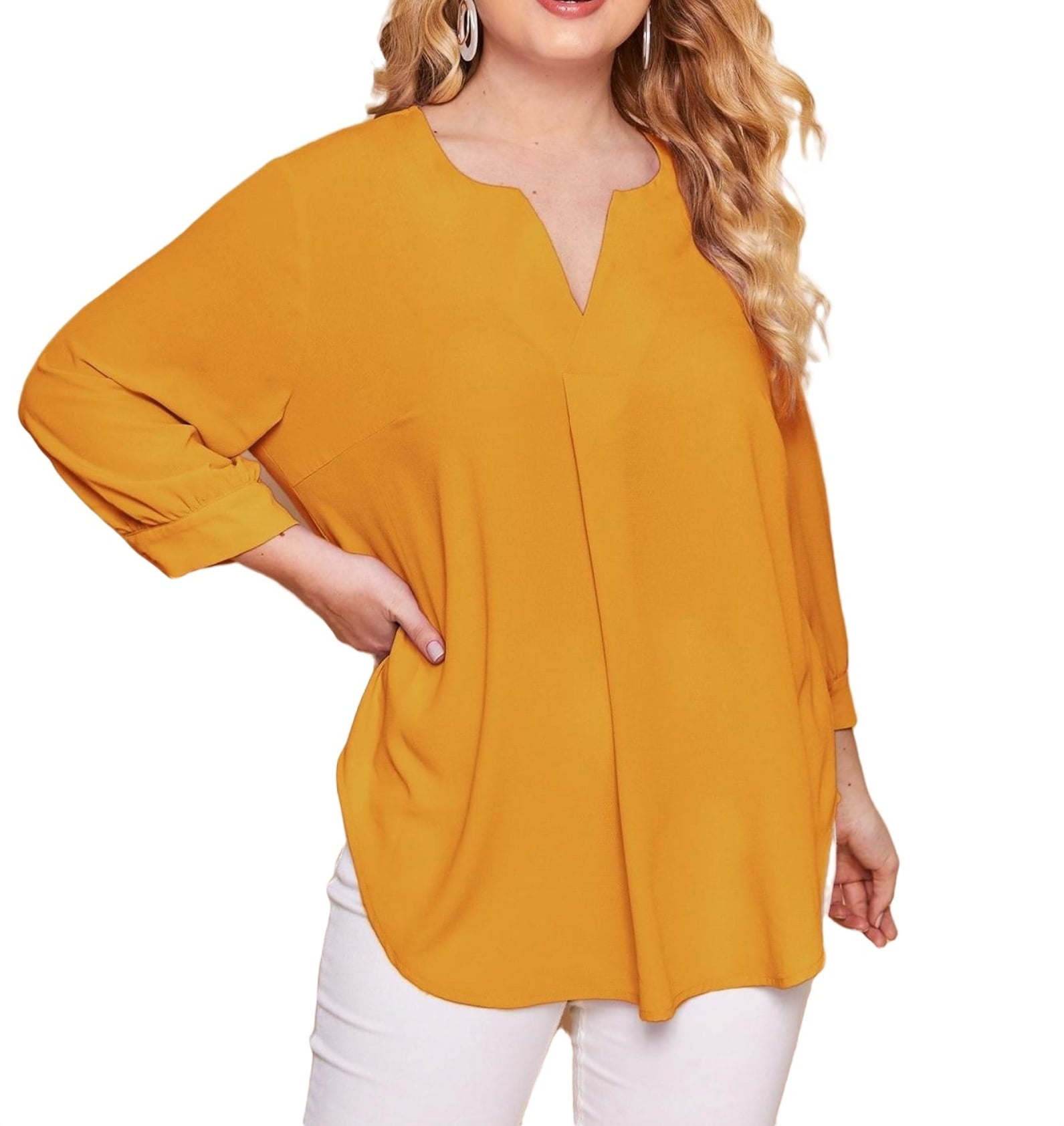 Casual Plain Notched Neck Tunic 3/4 Sleeve Mustard Yellow Plus Size