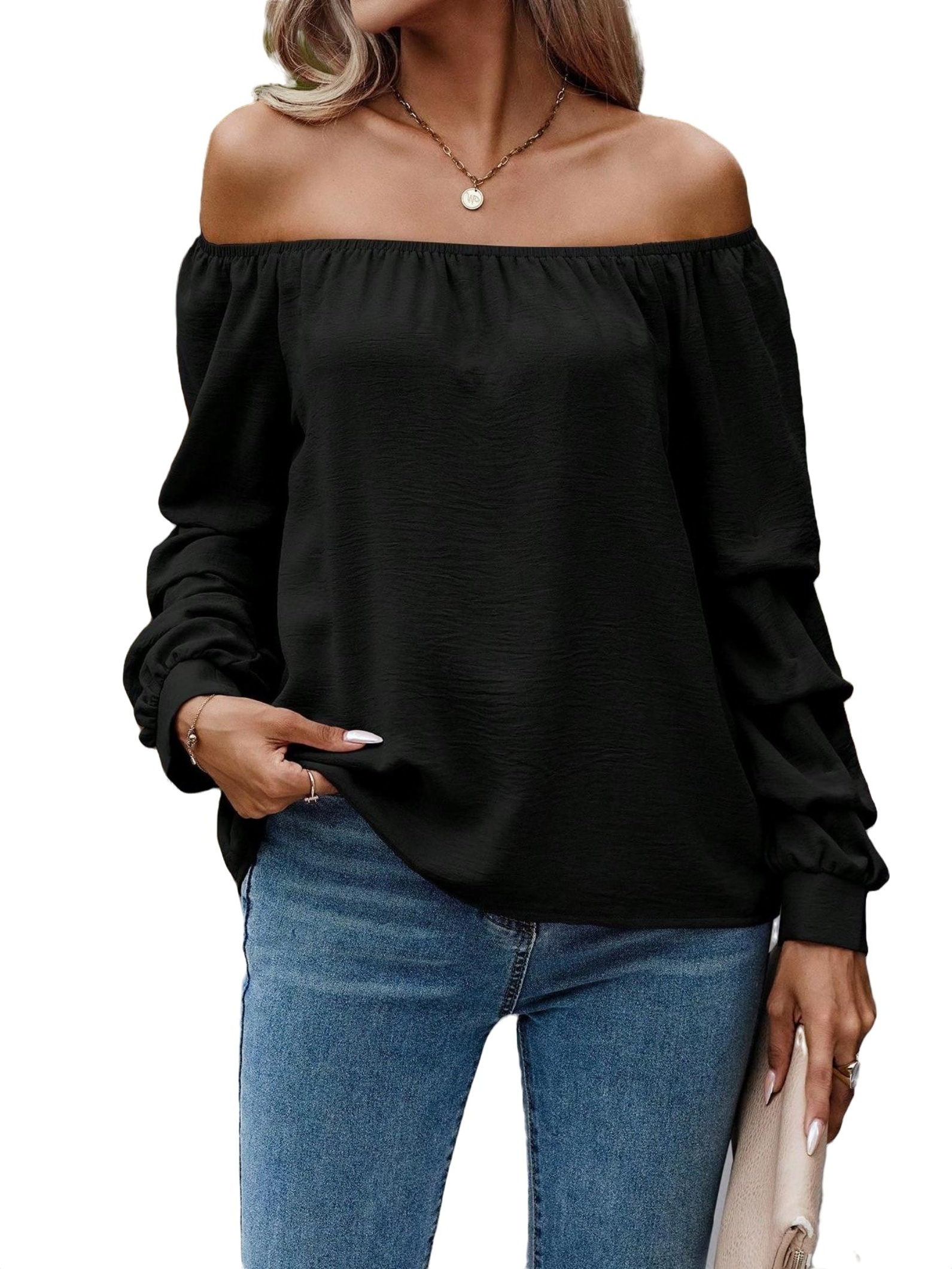 Casual Plain Off the Shoulder Top Long Sleeve Black Women Blouses — free download