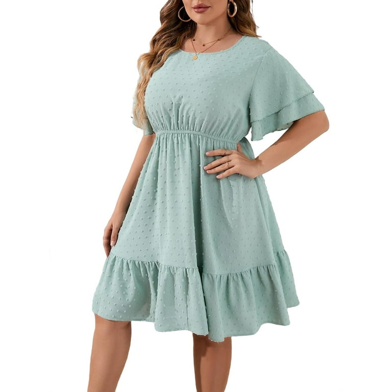 Casual Plain Round Neck A Line Short Sleeve Mint Green Plus Size Dresses Women s Walmart