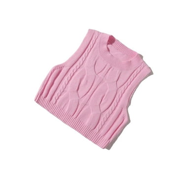 Casual Plain Round Neck Baby Pink Women Sweater Vests (Women's)