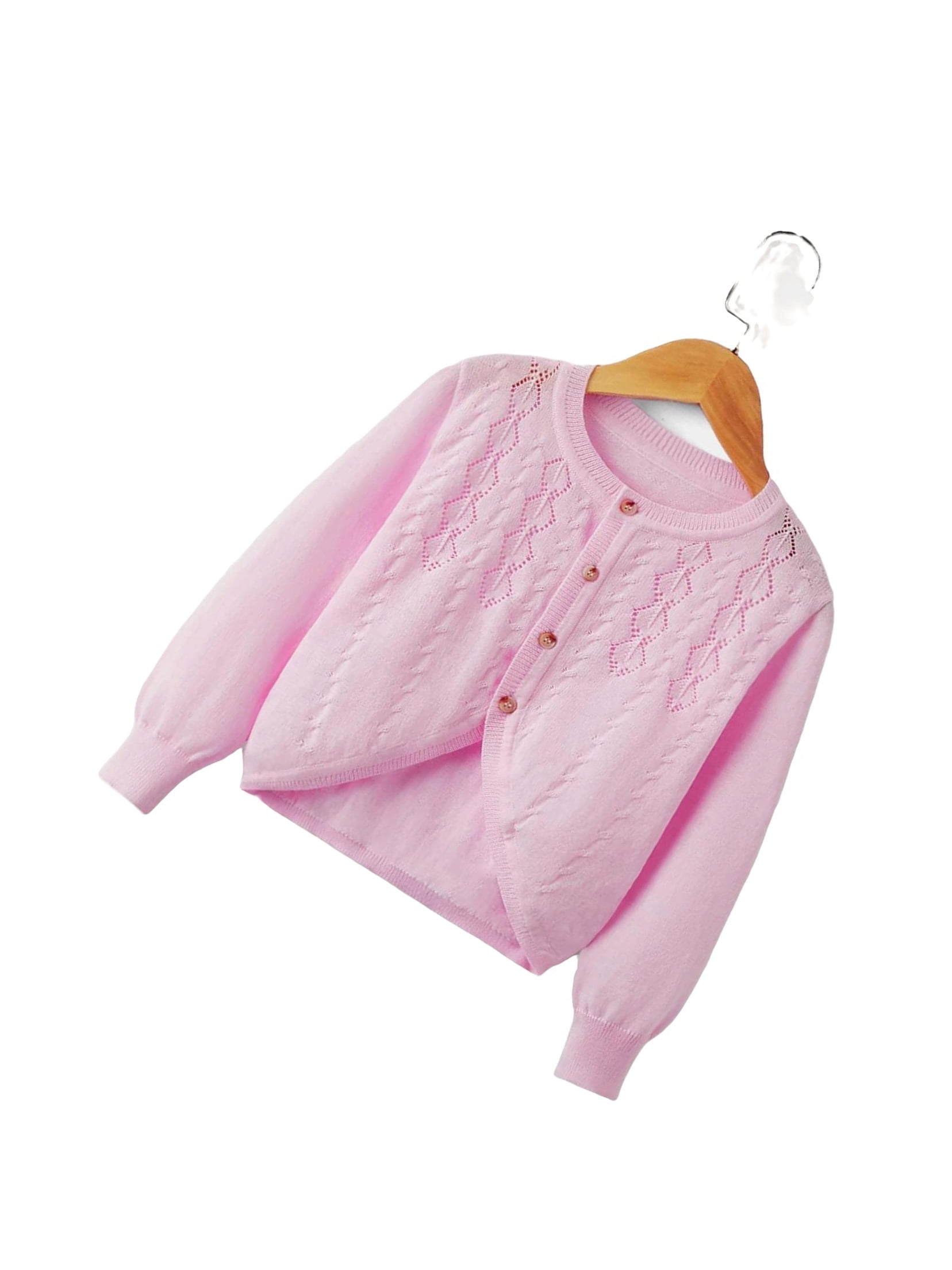 Casual Plain Round Neck Cardigan Long Sleeve Pink Toddler Girls Cardigans (Girl's)