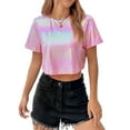 Casual Plain Round Neck Crop Tee Top Short Sleeve Baby Pink Women T
