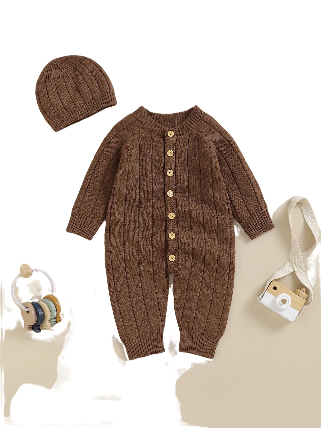 Casual Plain Round Neck Jumpsuit Long Sleeve Coffee Brown Baby Sweater Onesies (Baby's