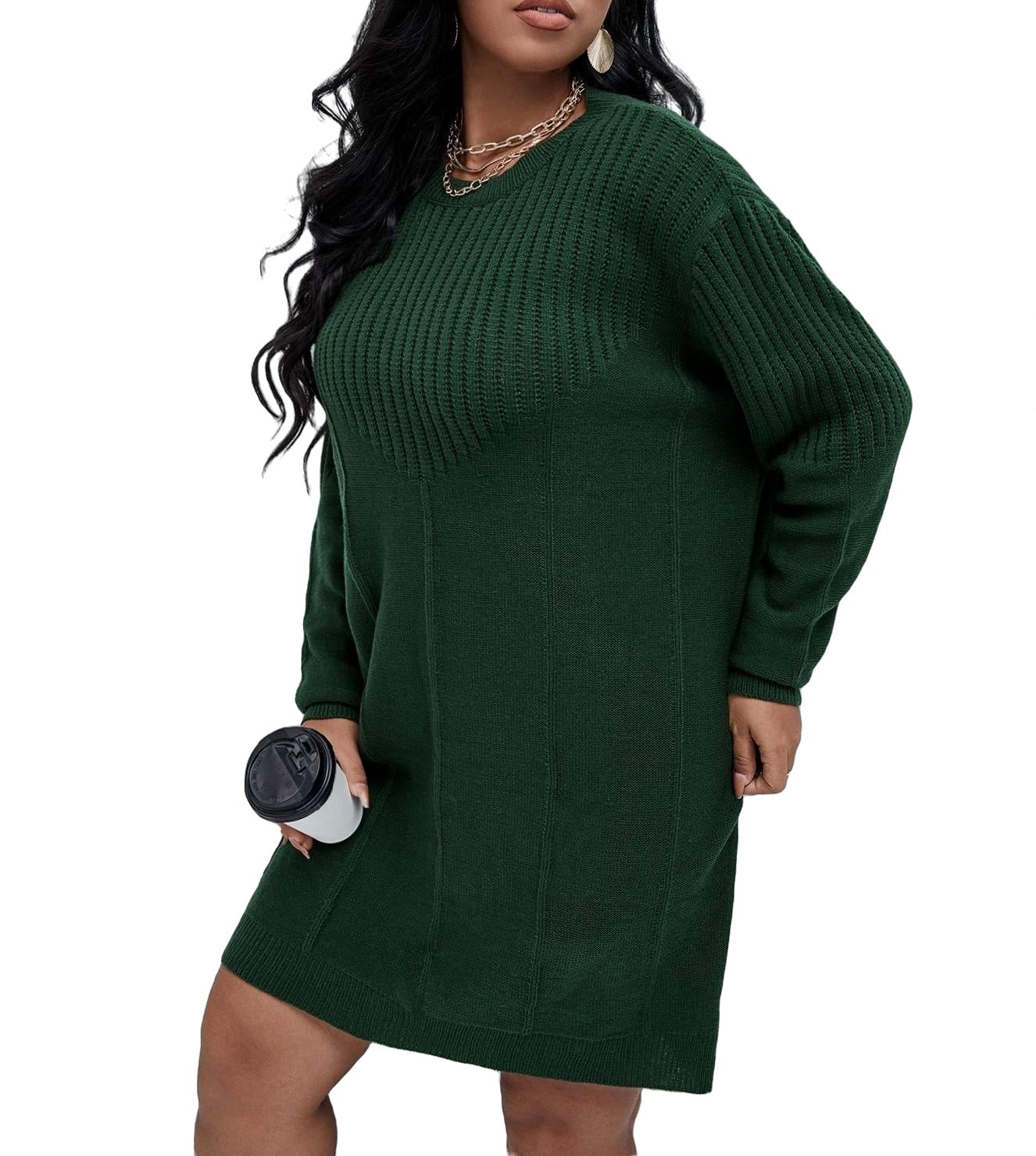 Casual Plain Round Neck Long Sleeve Dark Green Plus Size