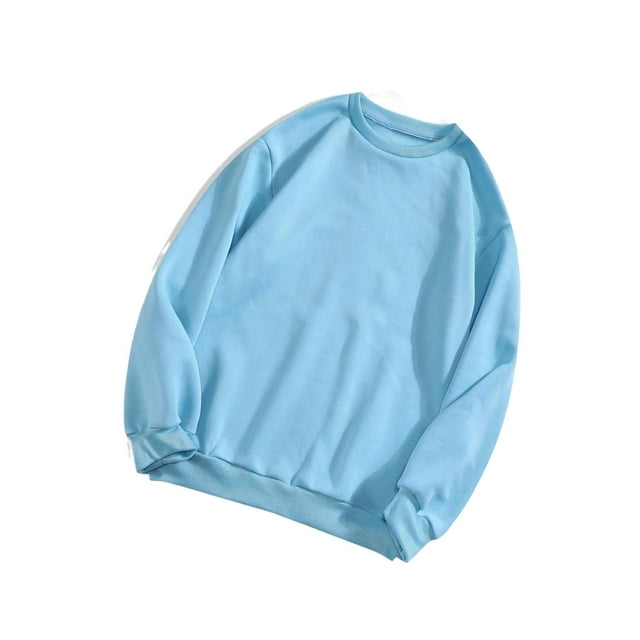 Casual Plain Round Neck Pullovers Long Sleeve Baby Blue Women ...