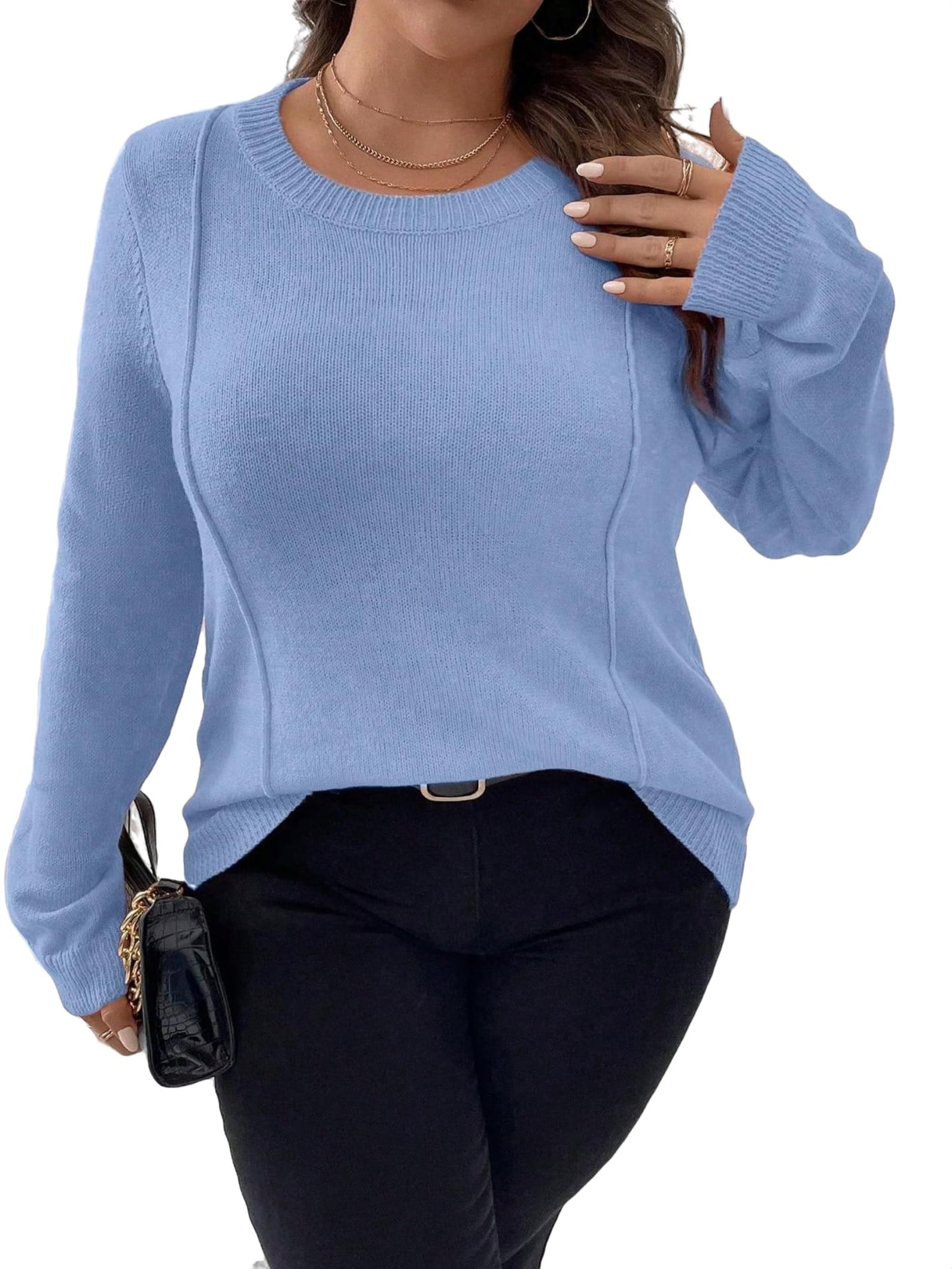 Casual Plain Round Neck Pullovers Long Sleeve Dusty Blue Plus Size ...