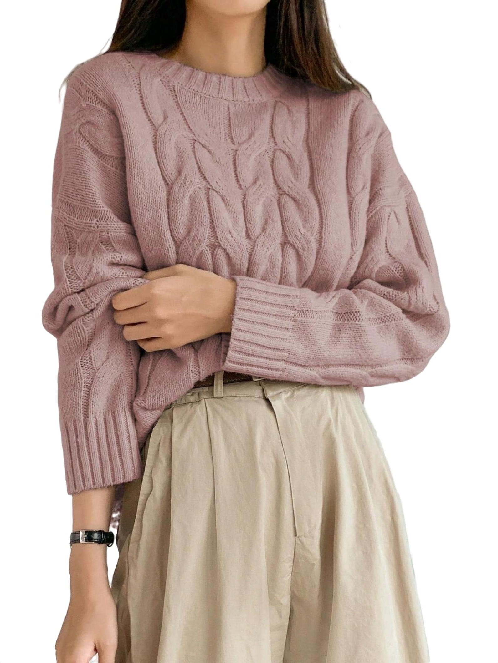 Casual Plain Round Neck Pullovers Long Sleeve Dusty Pink Women Sweaters ...