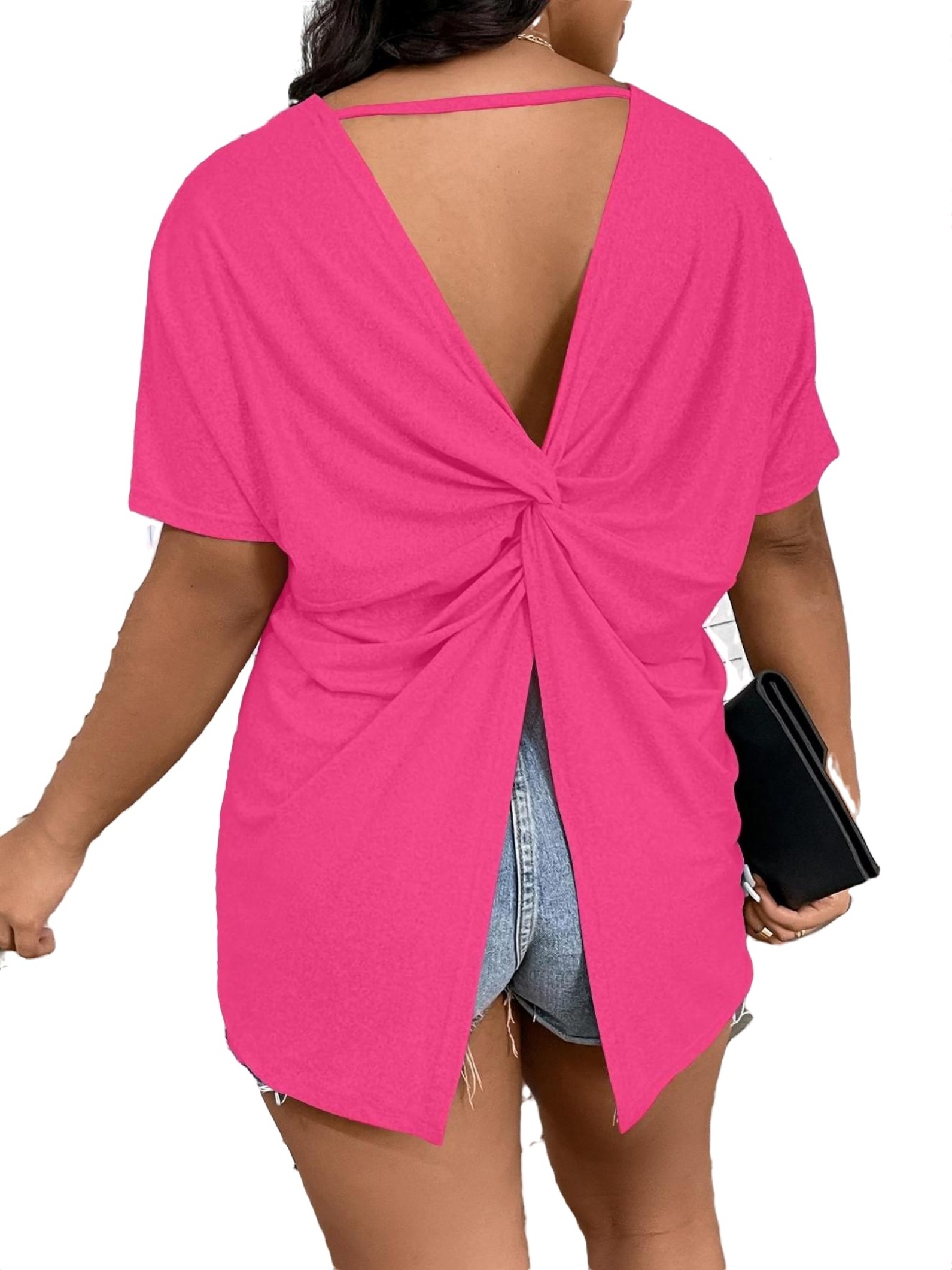 Casual Plain Round Neck Tee Short Sleeve Hot Pink Plus Size Tshirts