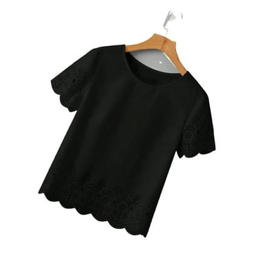 Casual Plain Round Neck Top Short Sleeve Black Women Blouses (Women's)