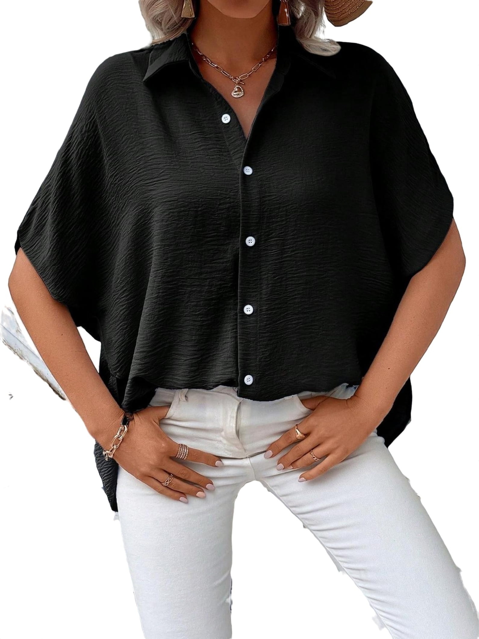 Casual Plain Shirt Elbow-Length Black Women Blouses (Women's) - Walmart.com