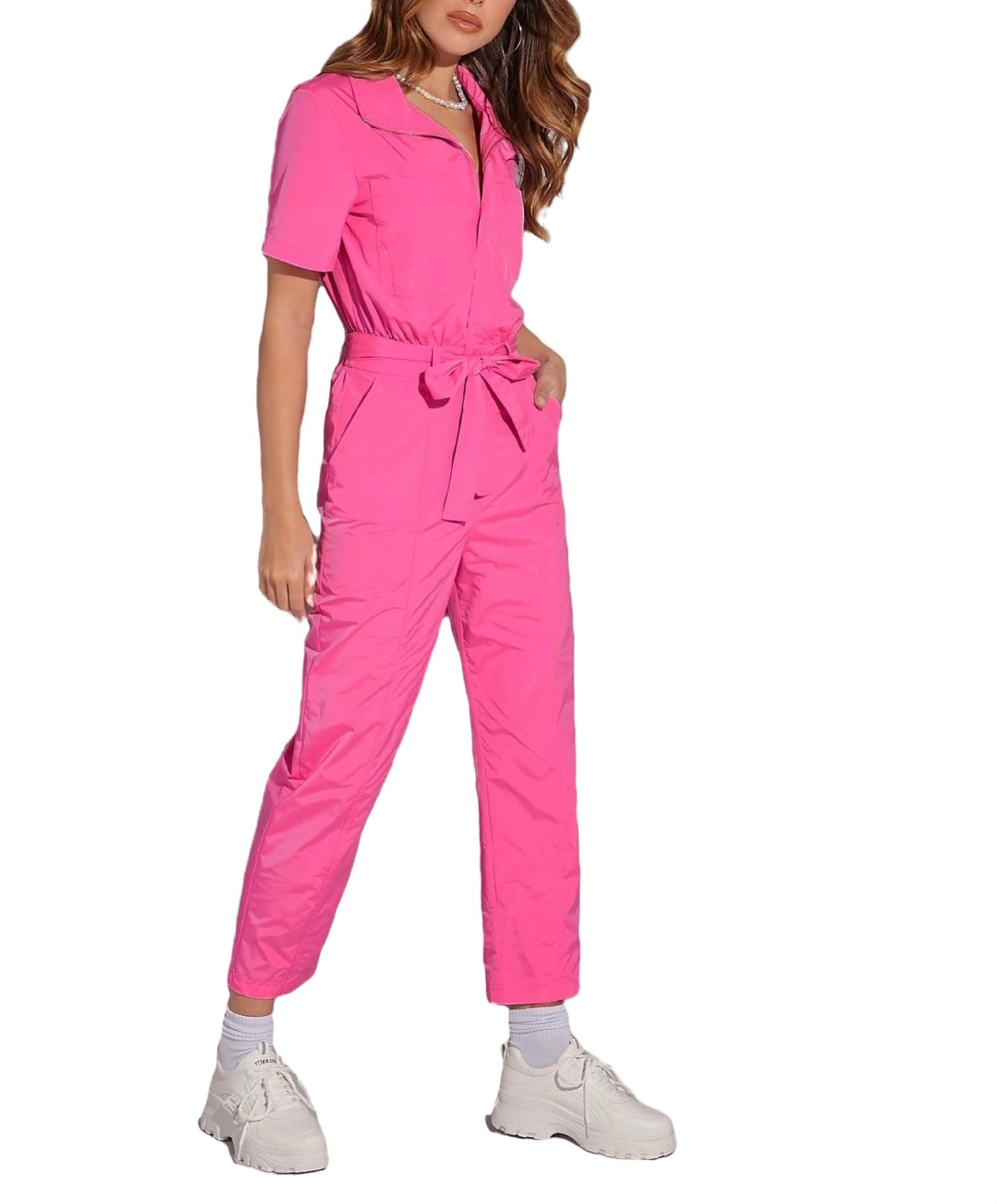 Casual Plain Shirt Jumpsuit Pink Women Jumpsuits
