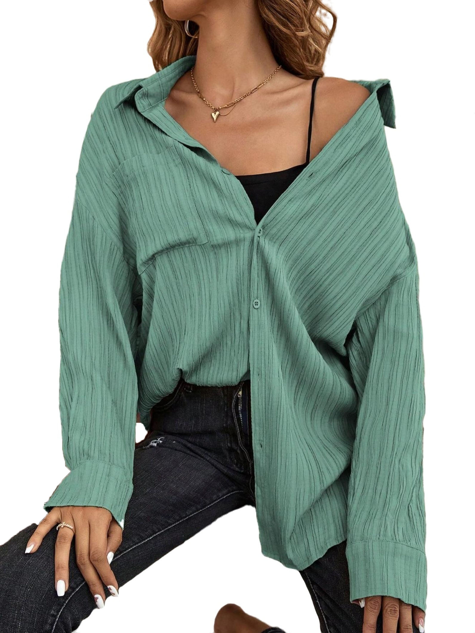 Casual Plain Shirt Long Sleeve Green Women Blouses (Women's) - Walmart.com