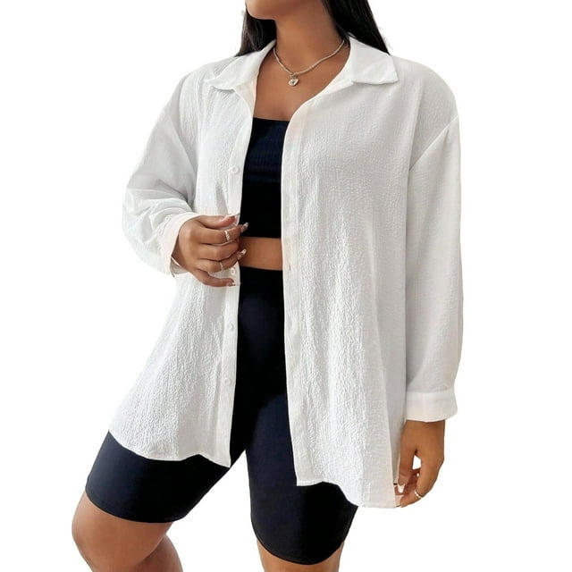 Casual Plain Shirt Long Sleeve White Plus Size Blouses (Women's ...