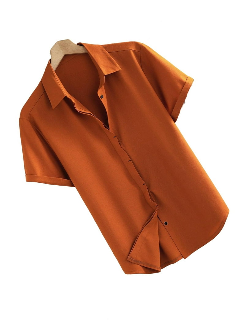 Casual Plain Shirt Short Sleeve Burnt Orange Men Shirts (Men's