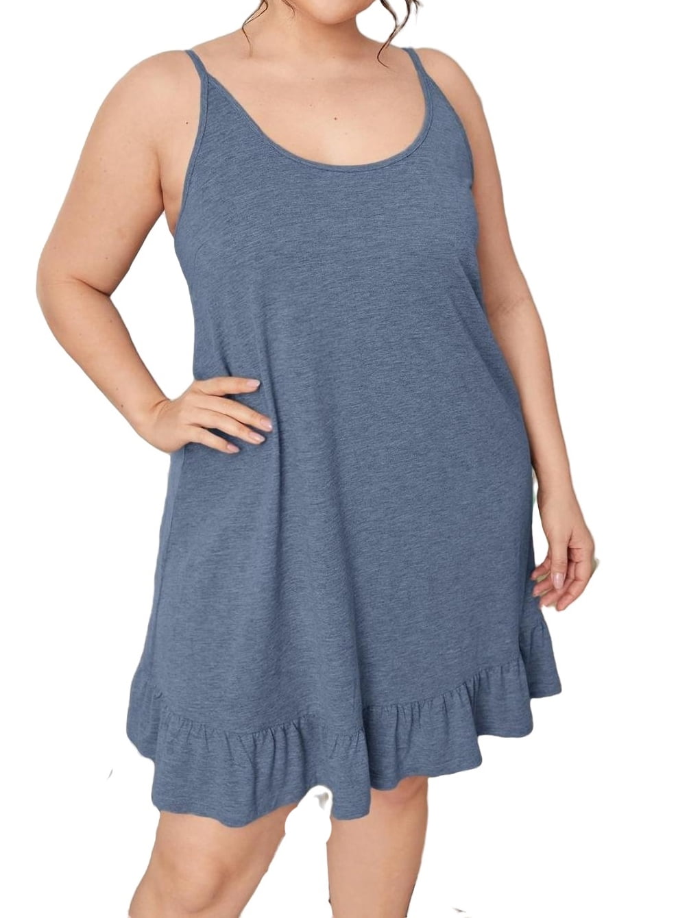Casual Plain Spaghetti Strap Slip Dress Dusty Blue Sleeveless Plus Size Nightgowns & Sleepshirts
