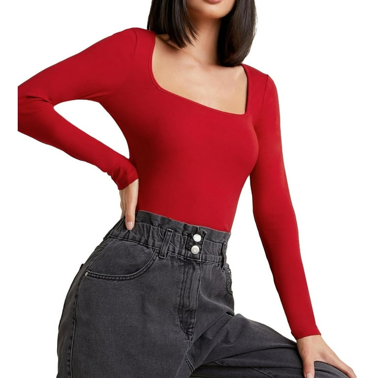 Casual Plain Square Neck Fitted Tee Long Sleeve Red Women T-Shirts - Main Image