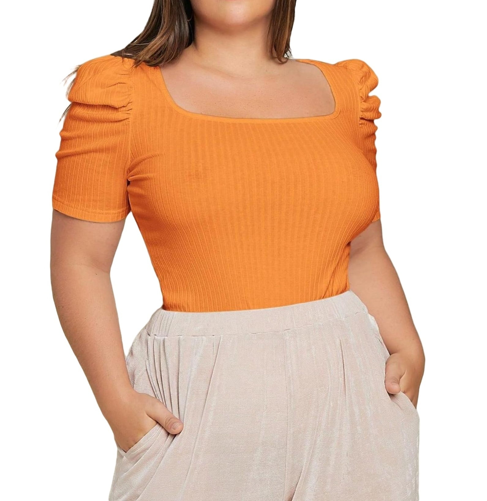 Casual Plain Square Neck Orange Plus Size Tshirts