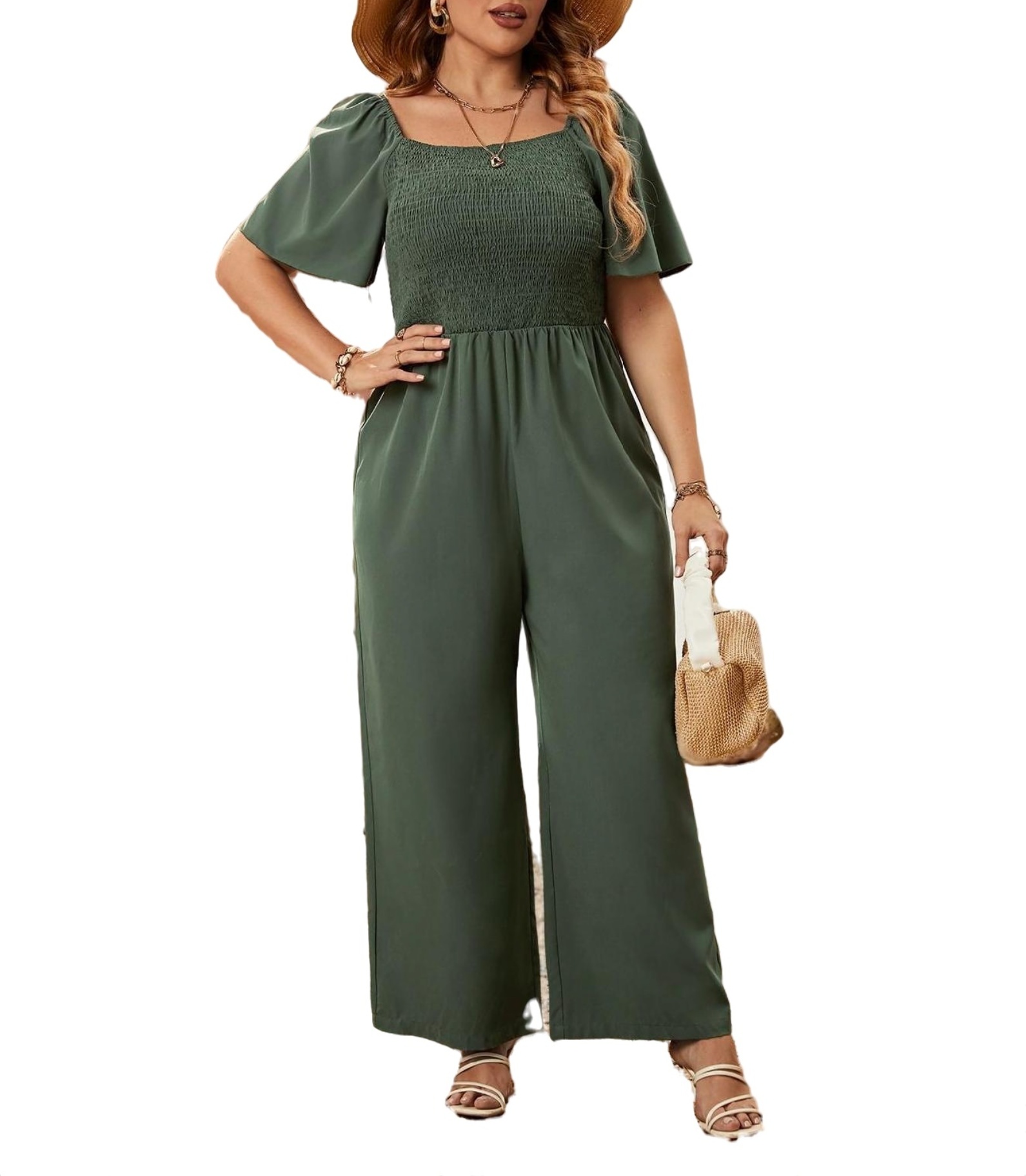 Casual Plain Square Neck Shirt Elbow-Length Army Green Plus Size ...