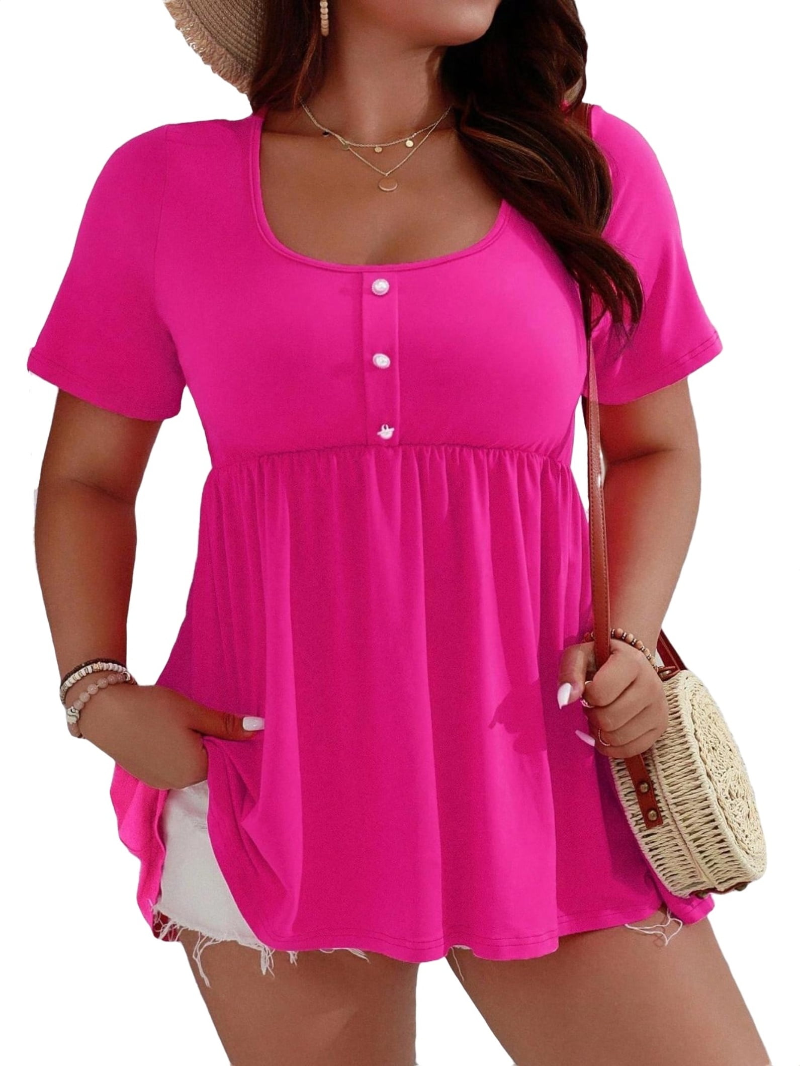 Casual Plain Square Neck Tee Short Sleeve Hot Pink Plus Size Tshirts