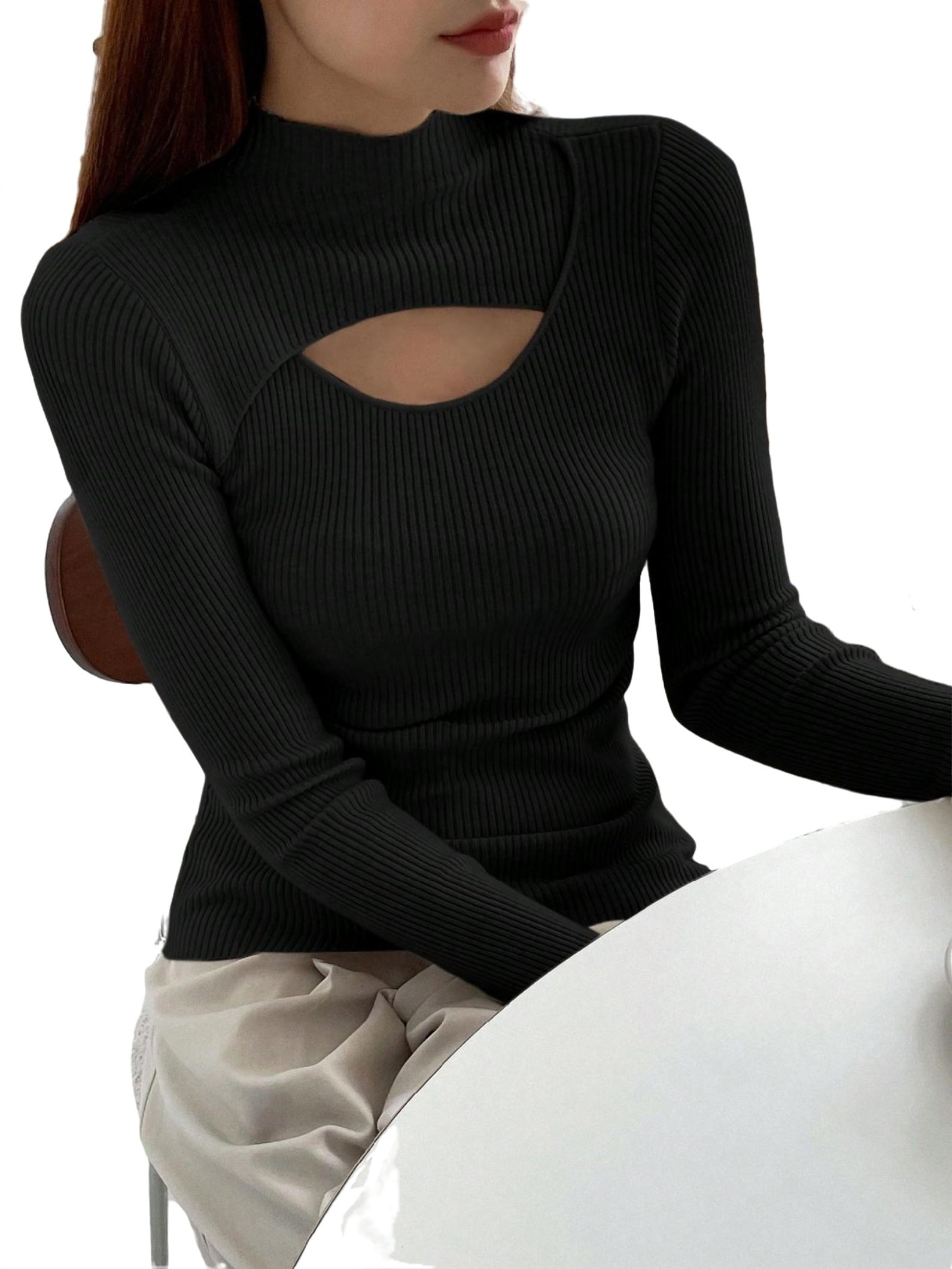 Casual Plain Stand Collar Basic Tops Long Sleeve Black Women Sweaters ...