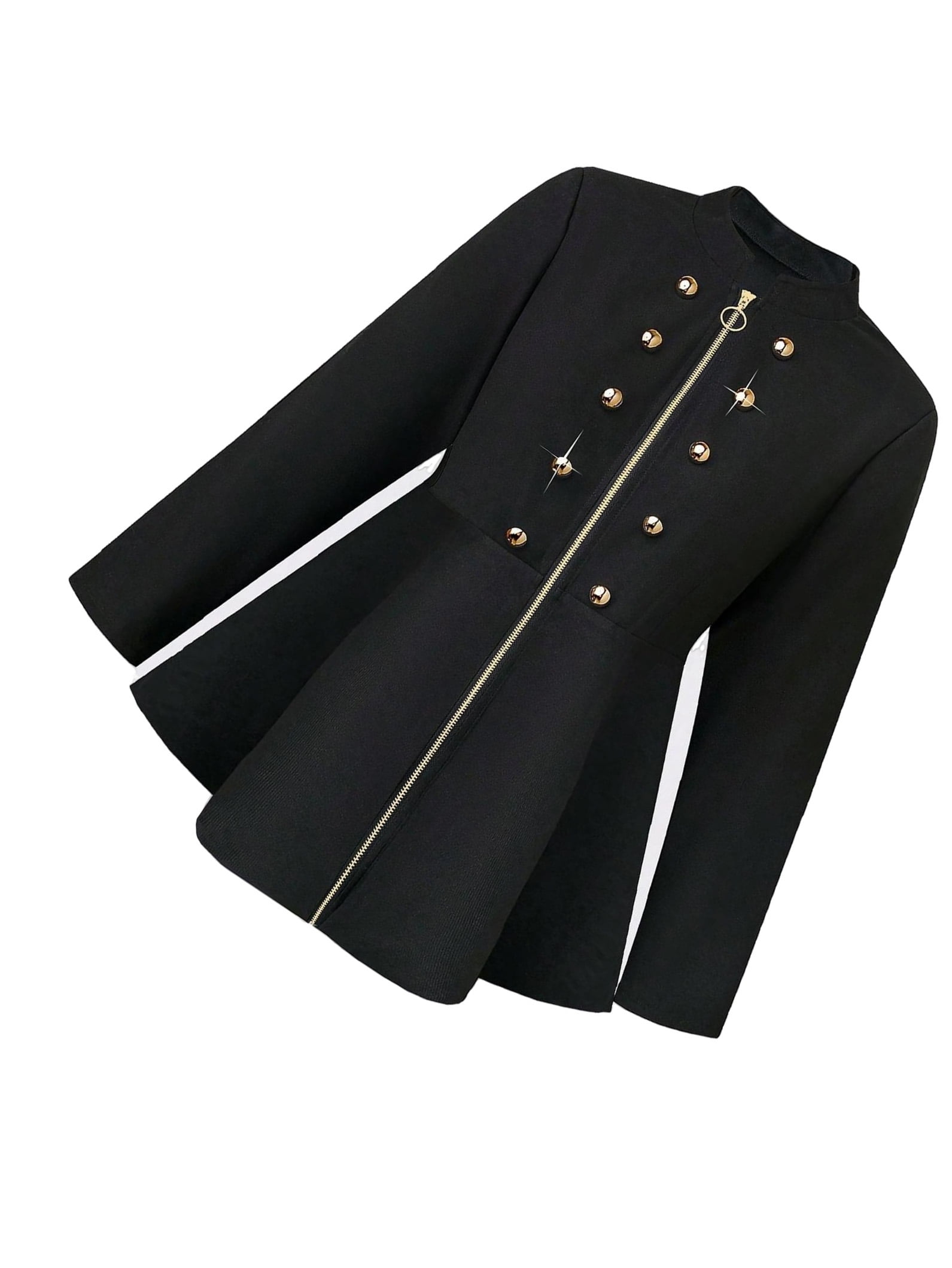Casual Plain Stand Collar Coat Long Sleeve Black Plus Size Coats (Women ...