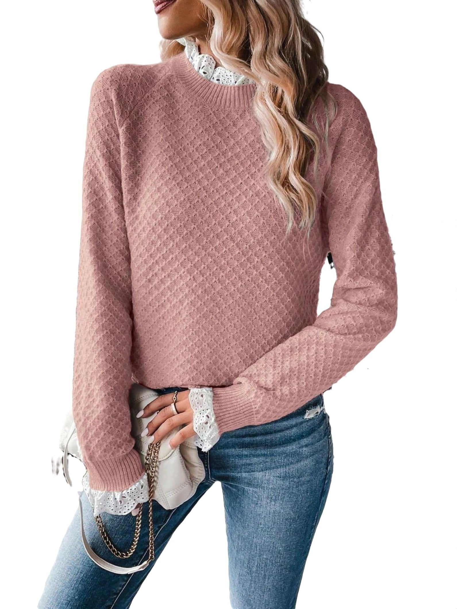 Casual Plain Stand Collar Pullovers Long Sleeve Dusty Pink