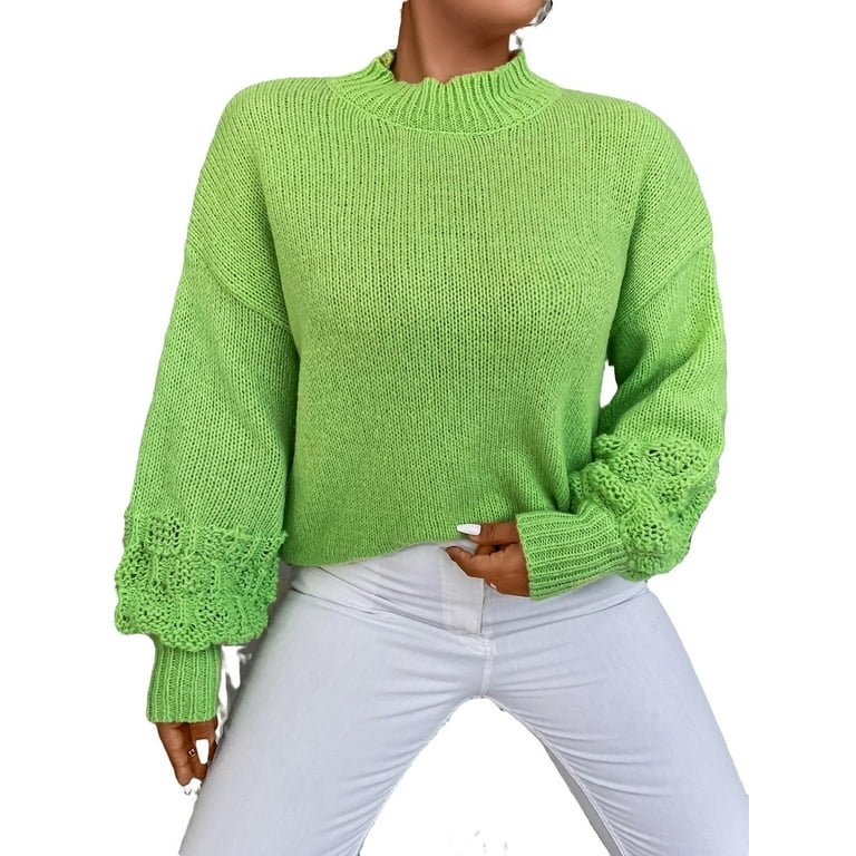Casual Plain Stand Collar Pullovers Long Sleeve Lime Green Plus Size Sweaters Women s Plus