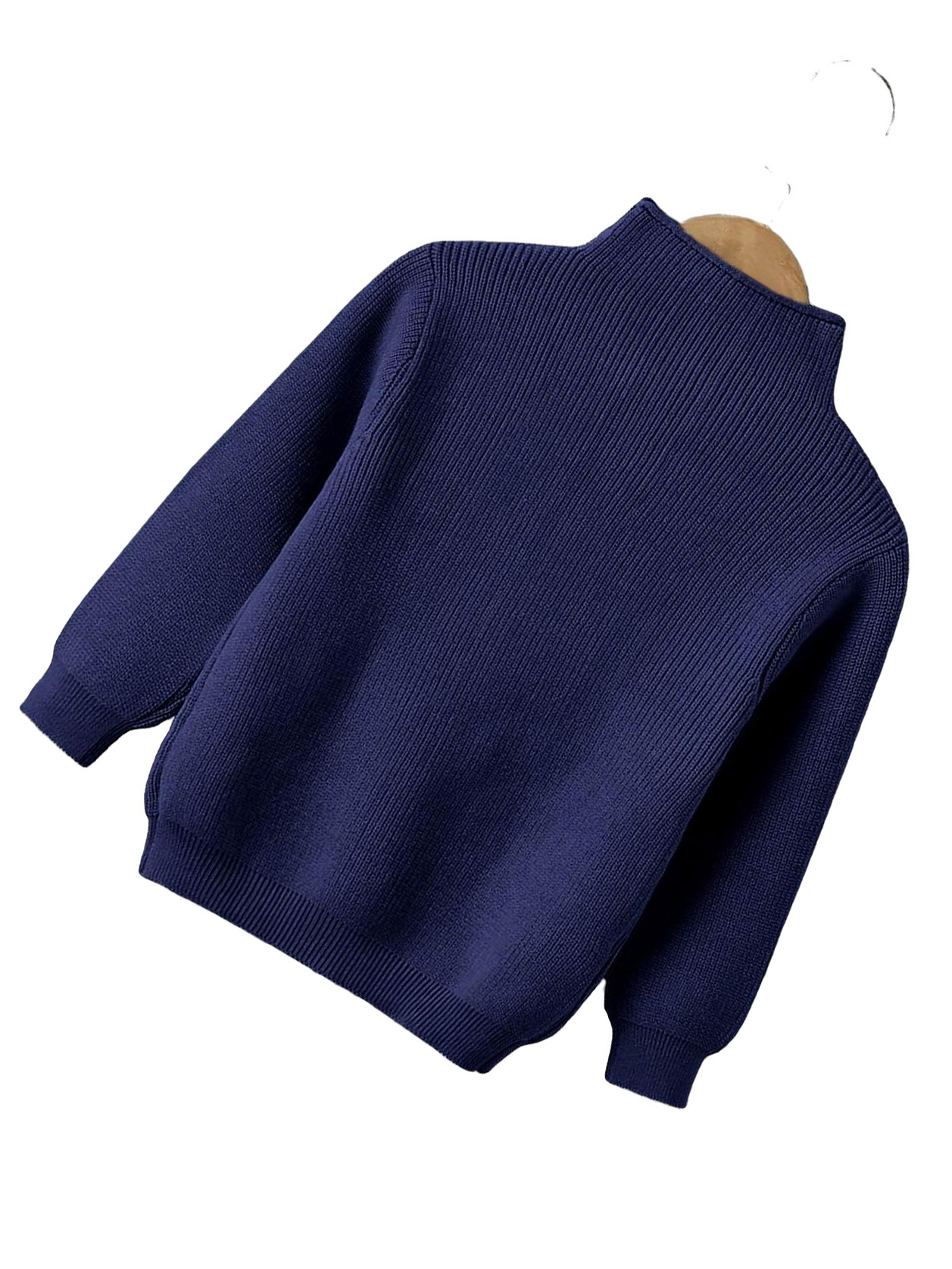 Casual Plain Stand Collar Pullovers Long Sleeve Navy Blue Toddler Boy