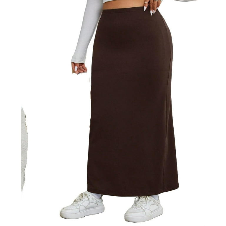 Casual Plain Straight Chocolate Brown Plus Size Skirts