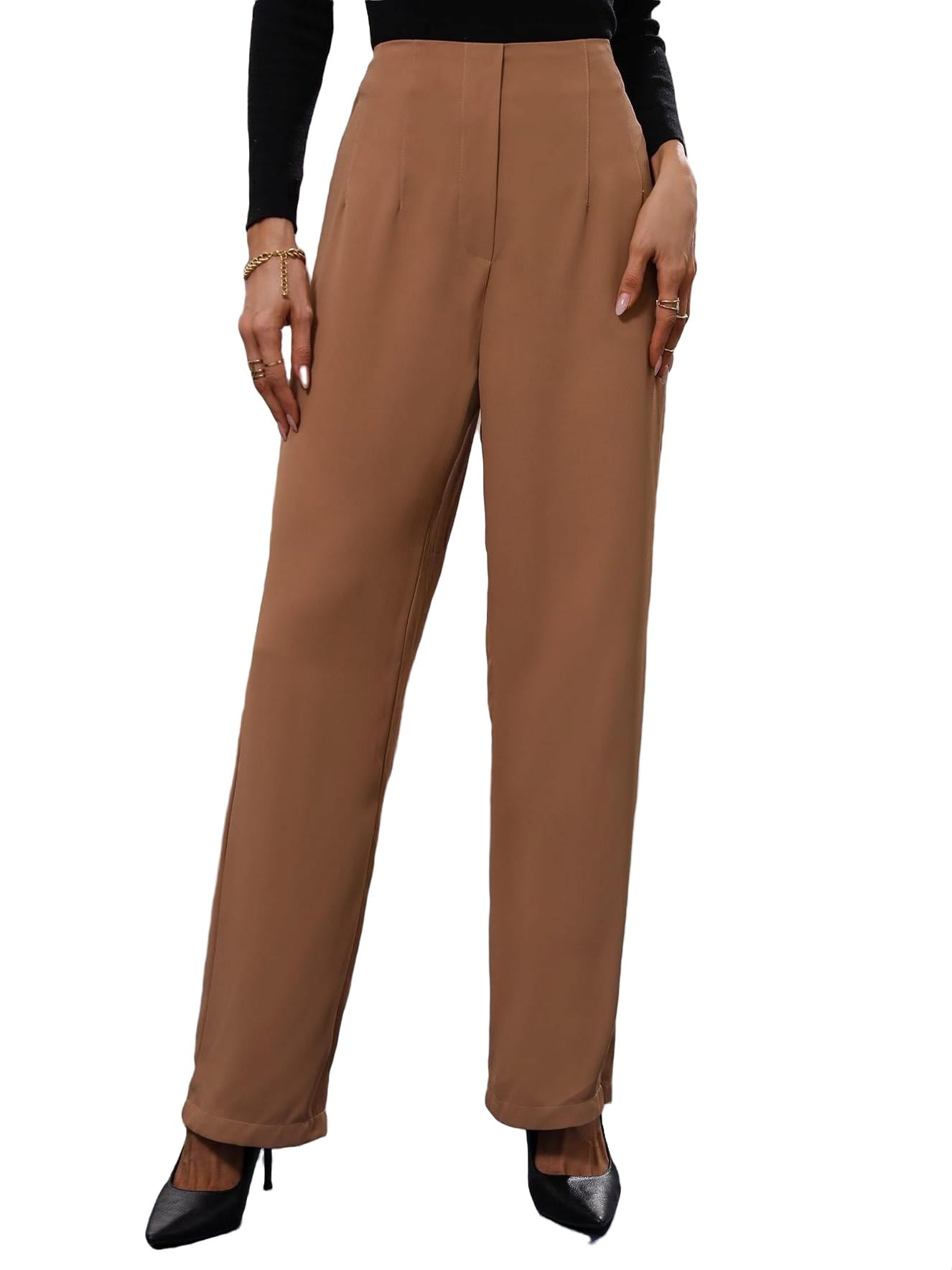 Casual Plain Straight Leg Khaki Women's Pants (Women's)
