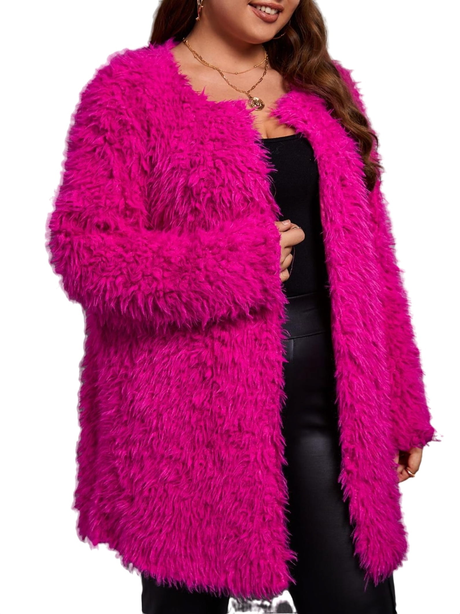 Casual Plain Teddy Coat Hot Pink Plus Size Coats Women s