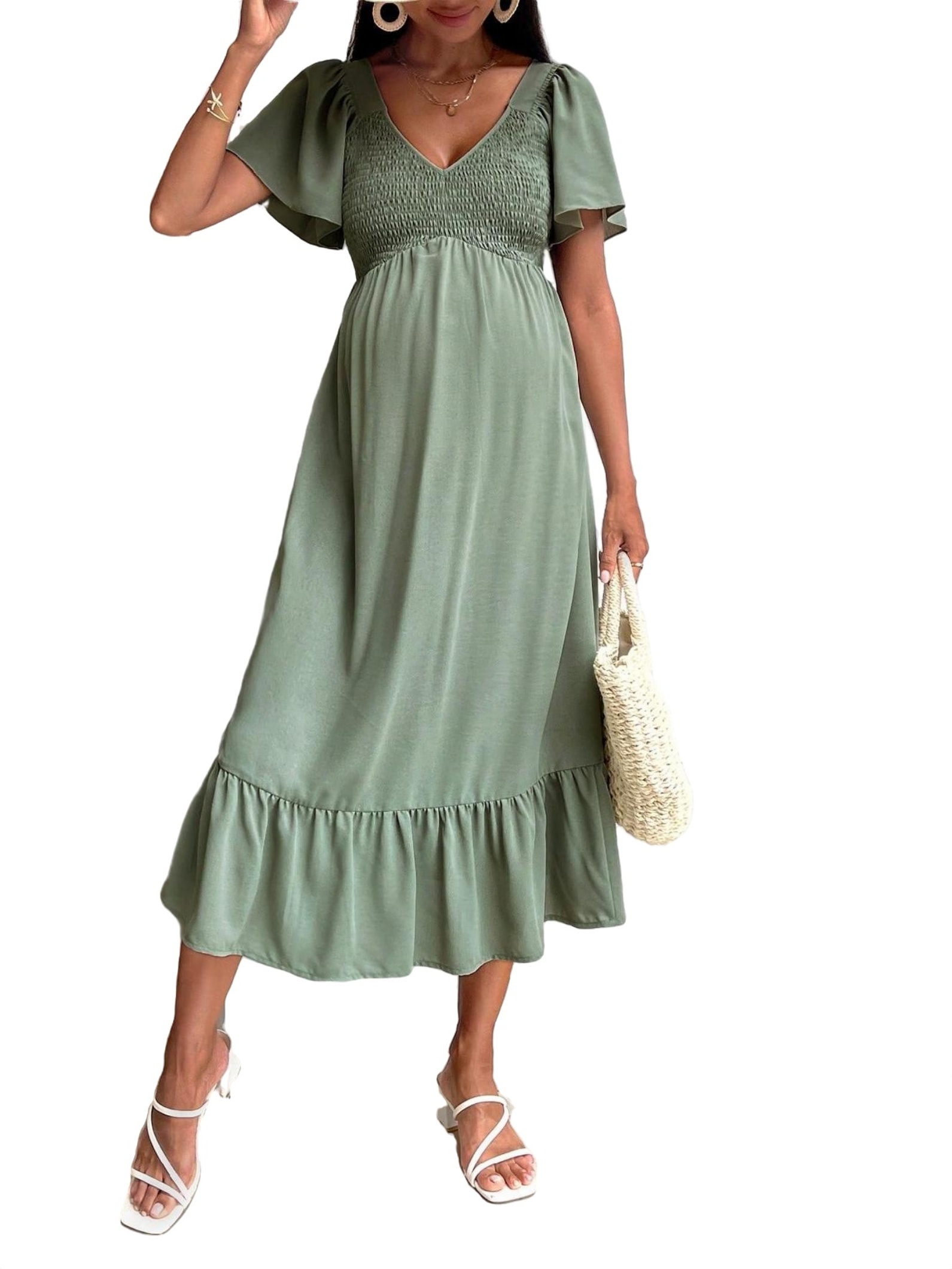 Casual Plain V neck A Line Short Sleeve Mint Green Maternity Dresses