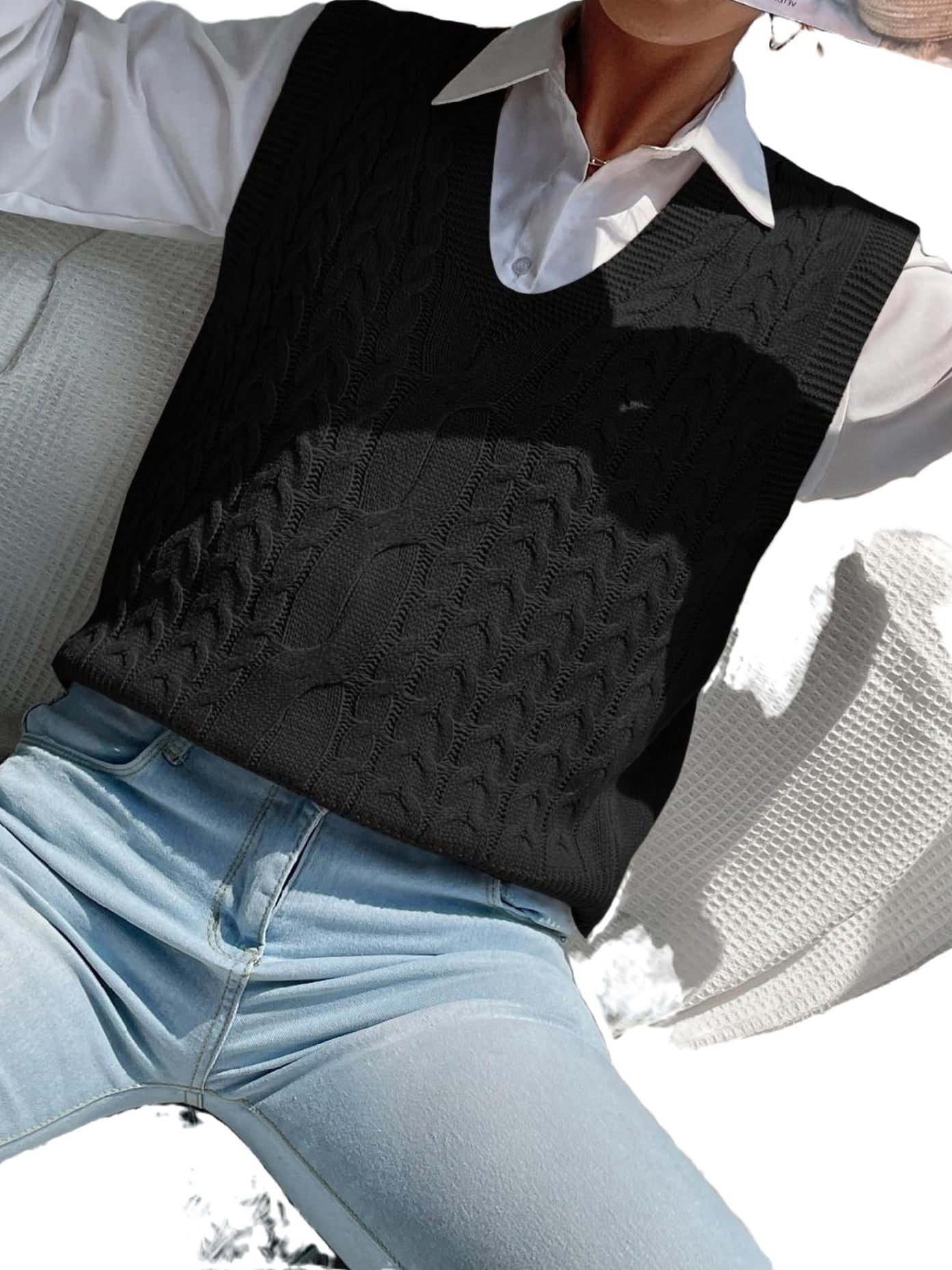 Casual Plain V neck Black Women Sweater Vests (Women's) - Walmart.com