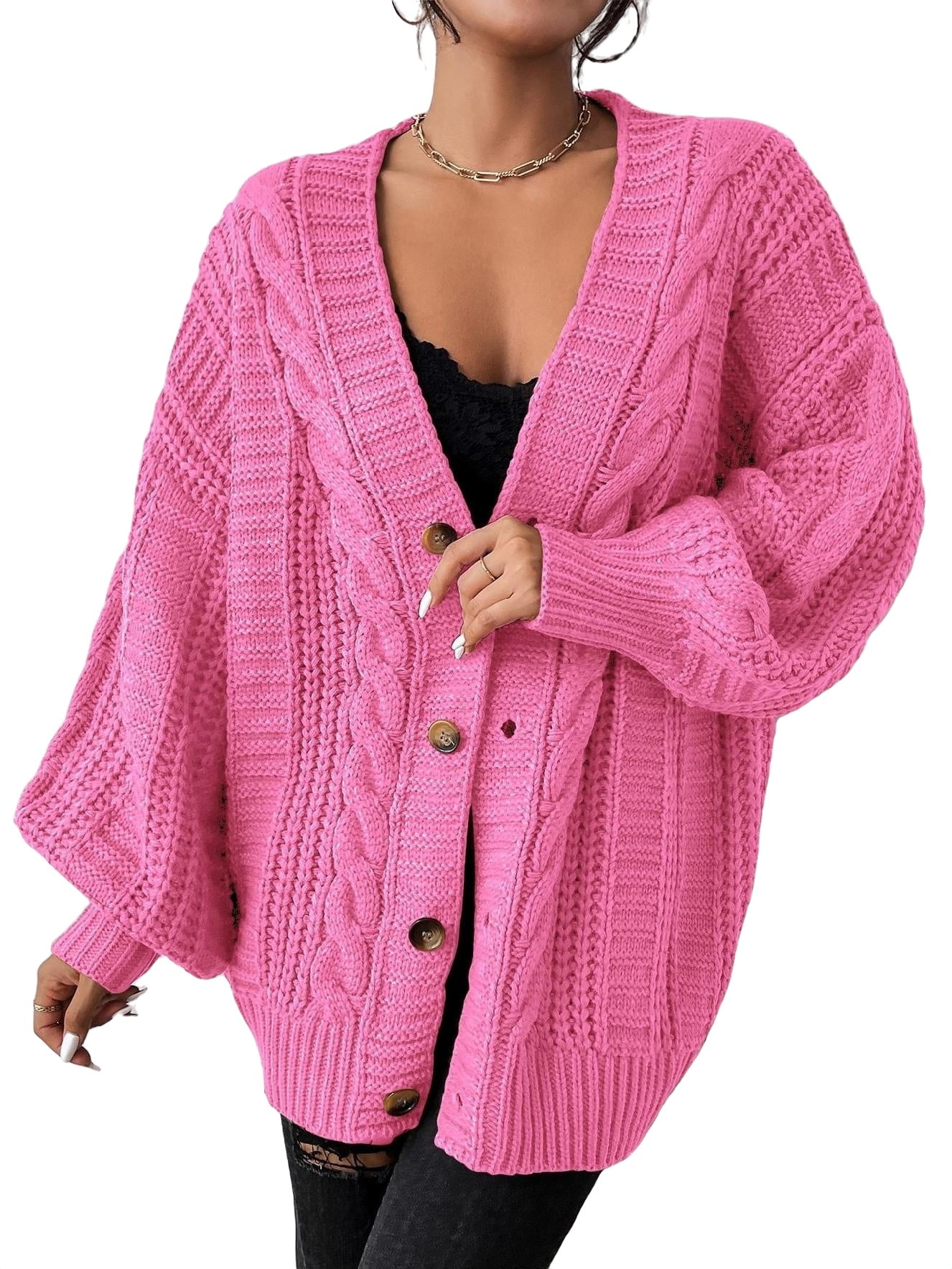 Casual Plain V neck Coat Long Sleeve Pink Women Cardigans (Women's ...
