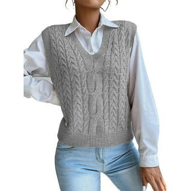 Casual Plain V neck Grey Women Sweater Vests (Women's)