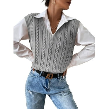 Casual Plain V neck Light Grey Women Sweater Vests (Women's)