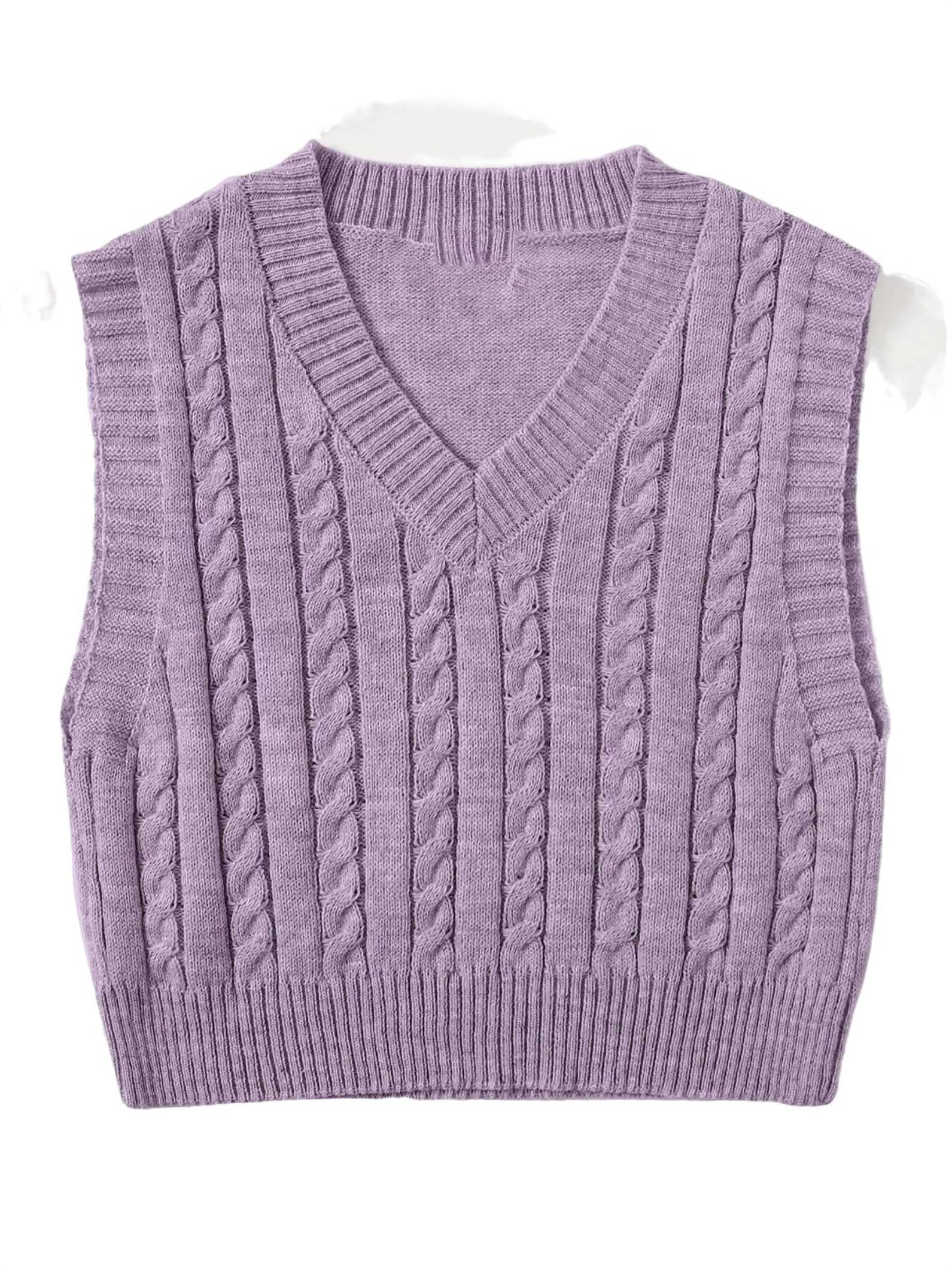 Casual Plain V neck Lilac Purple Women Sweater Vests (Women's - Main Image