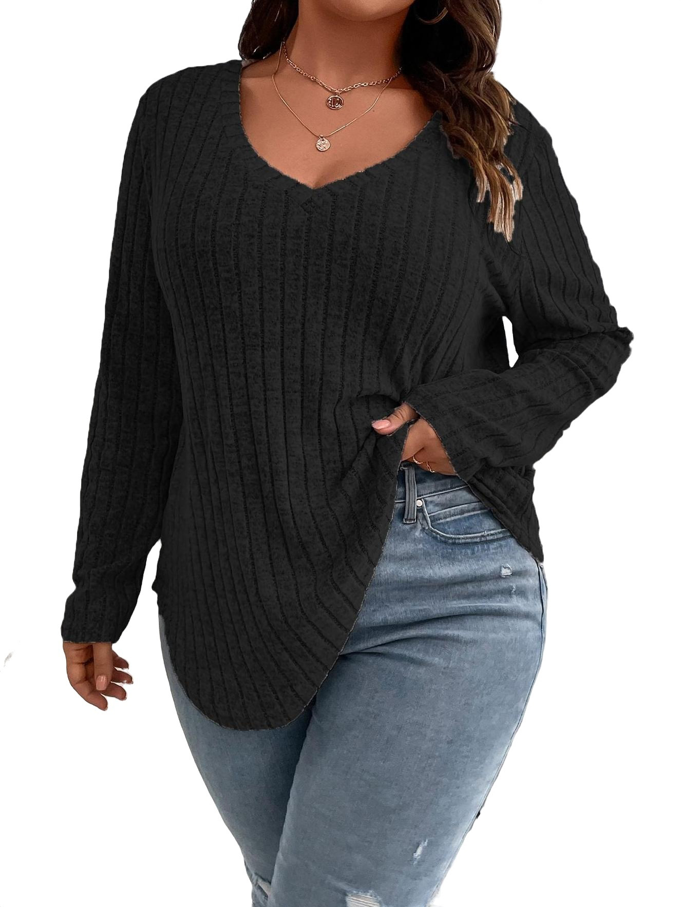 Casual Plain V neck Long Sleeve Black Plus Size Tshirts (Women's Plus