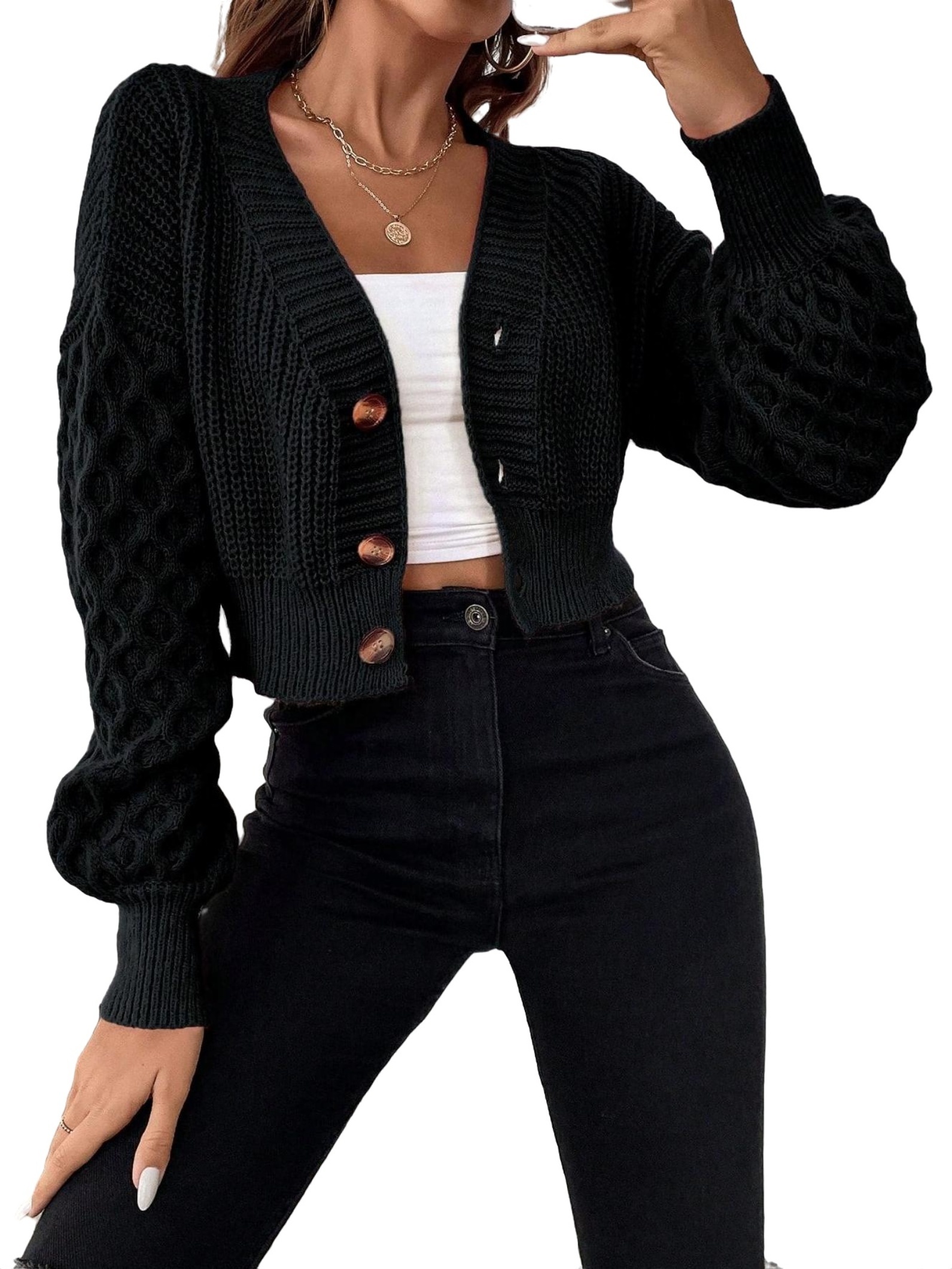 Casual Plain V neck Long Sleeve Black Women Cardigans Women s Walmart